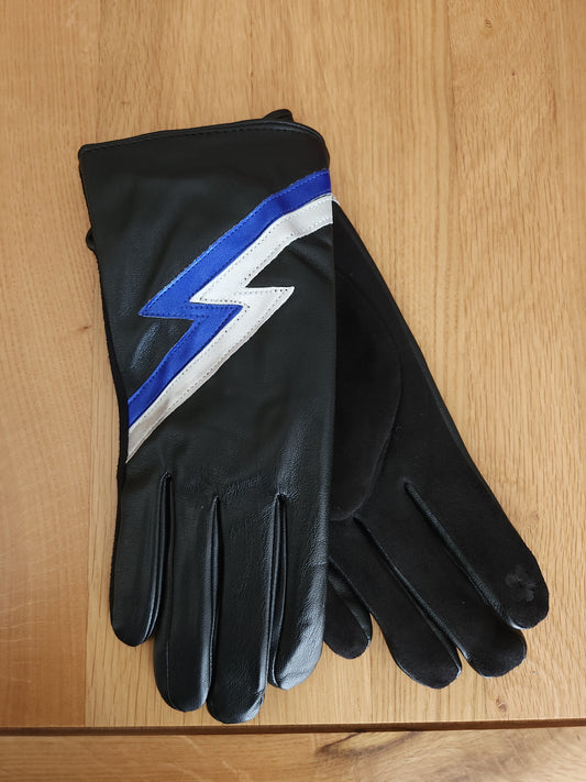 Black gloves with cobalt lightning bolt