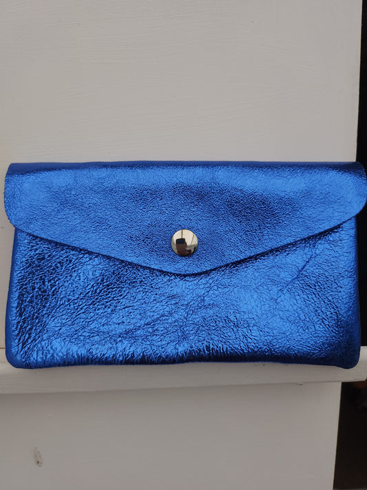 Large metallic leather purse in blue