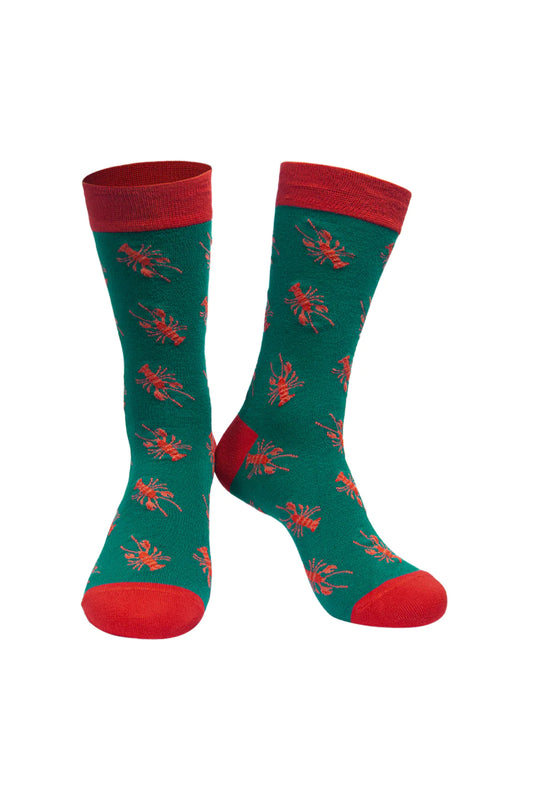 Mens green socks with red lobsters 