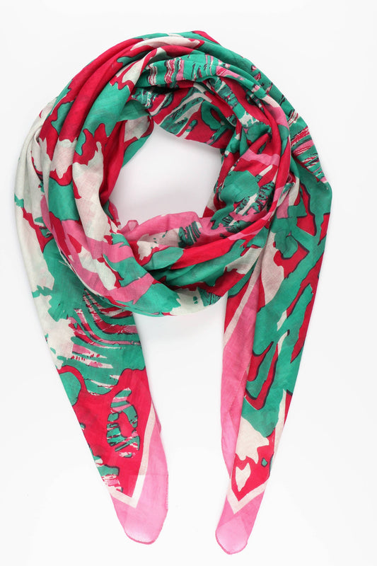 Abstract Leaf Animal Print Cotton Scarf in Hot Pink