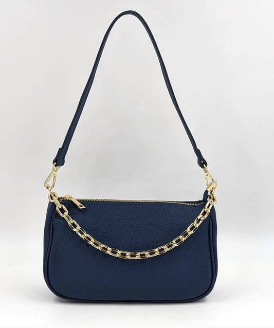 Medium leather handbag with chain in teal