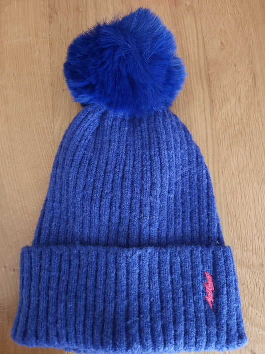 Cobalt with fuchsia bolt bobble hat