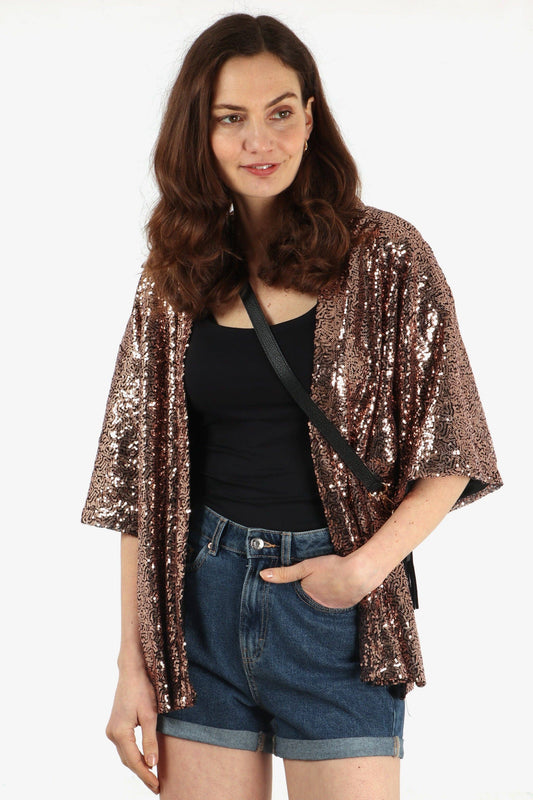 All Over Sequin Short Kimono Jacket in Bronze