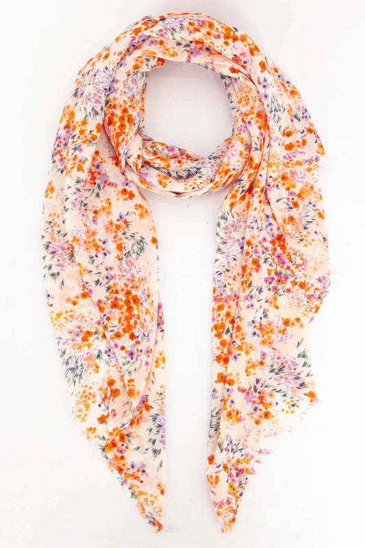 Ditsy Floral Cluster Print Scarf in Orange & Violet