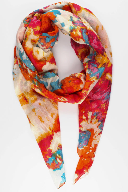 Watercolour Tie Dye Print Cotton Scarf  in Pink Orange