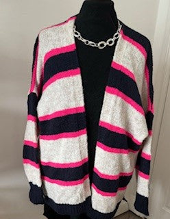 Navy, fuchsia and grey strip cardigan