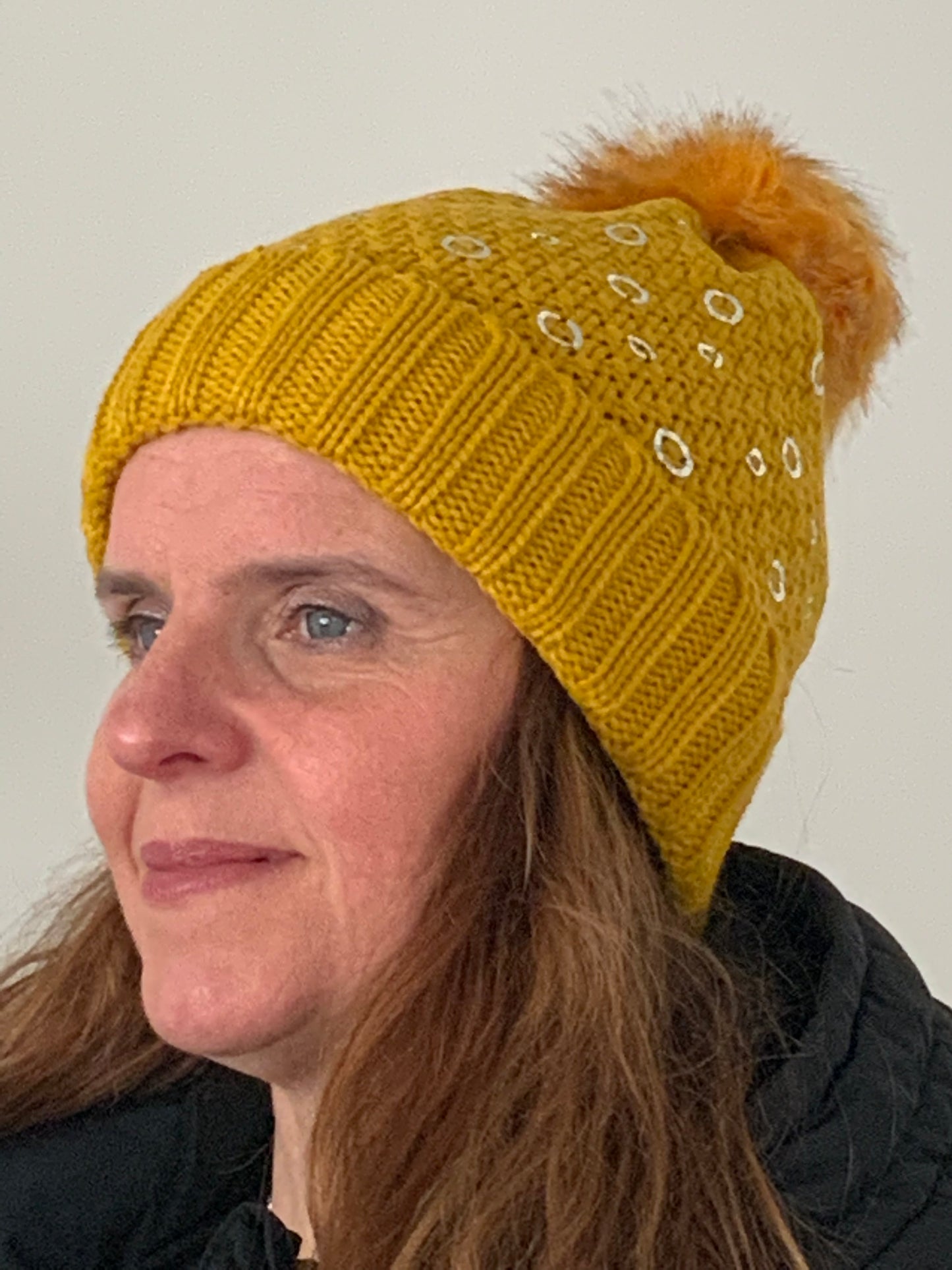 Silver Circle Bobble Hat in Mustard