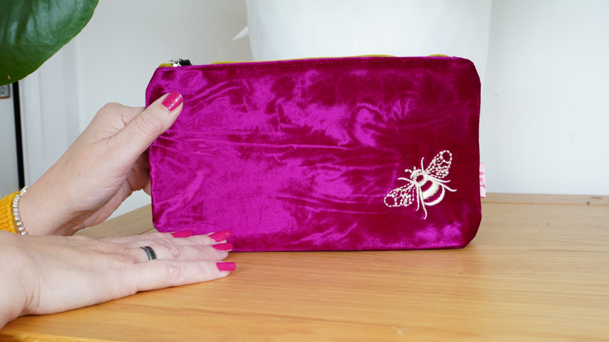 Lua Designs Velvet Bee Cosmetic bag in Fuchsia.